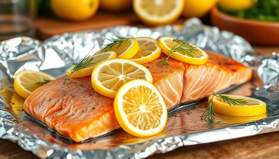 Lemon Dill Salmon Marinade on foil with lemon slices and dill sprigs.