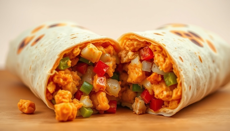Buffalo chicken burrito close-up with vibrant ingredients.