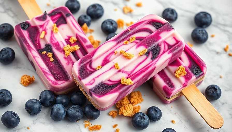 Colorful blueberry cheesecake protein popsicles with blueberry swirls and crumbled graham crackers.