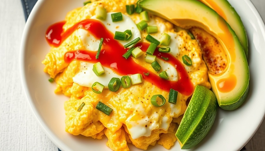 Sheet pan scrambled eggs with green onions, hot sauce, and avocado.