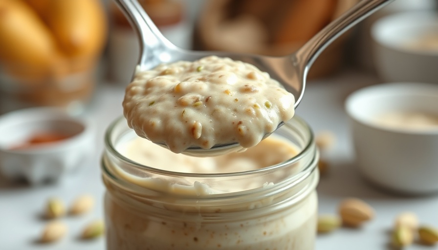 Creamy blended pistachio overnight oats lifted by a spoon.