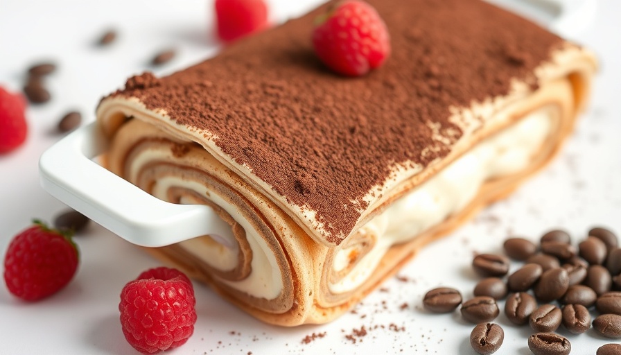 Cottage Cheese Tiramisu Crepe Roll with raspberries and coffee.