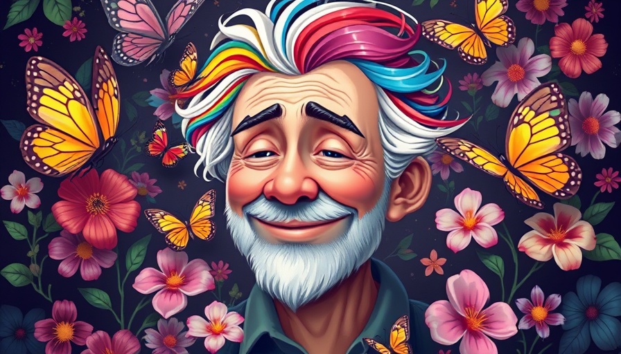 Elderly man with rainbow hair and peaceful expression surrounded by butterflies and flowers, symbolizing overcoming resentment.