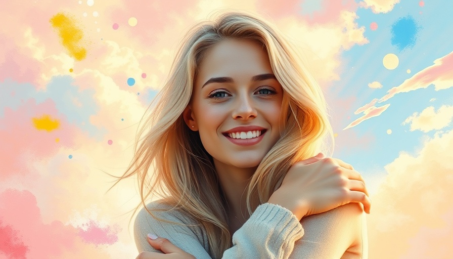 Serene woman embracing self amidst pastel sky, expressing self-love