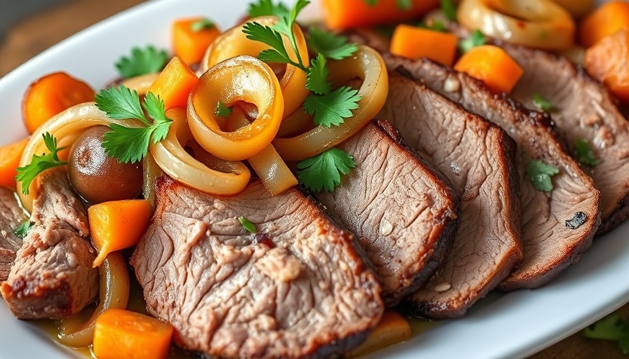 Jewish brisket recipe with vegetables on a platter.