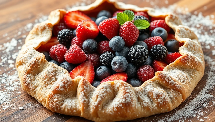 Rustic almond flour berry galette with fresh berries on wooden table.