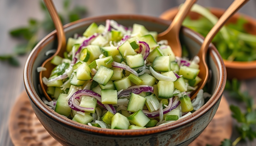 Fresh green goddess salad in a ceramic bowl with cucumbers and cabbage.