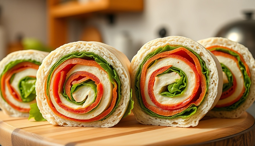 Colorful pinwheel sandwiches neatly arranged on a wooden platter.