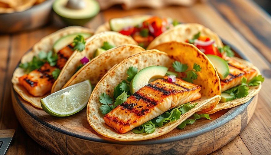 Delicious grilled salmon tacos with colorful toppings on a rustic table.