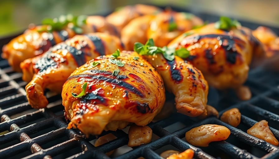 Grilled Turmeric Chicken sizzling on a grill with herbs.