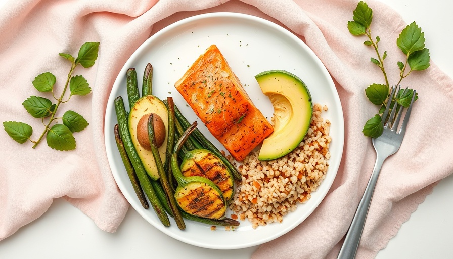 Colorful food portions with salmon, avocado, and vegetables.
