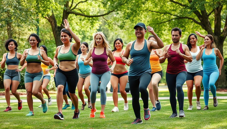 Diverse group exercising outdoors, representing dad bod and health in SDA community.