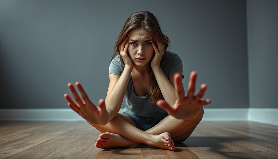 Anxious woman copes in a room with looming dark shadows.
