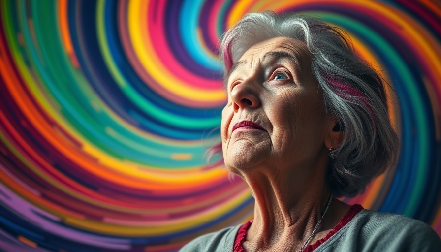 Elderly woman embracing identity with colorful rainbow background.