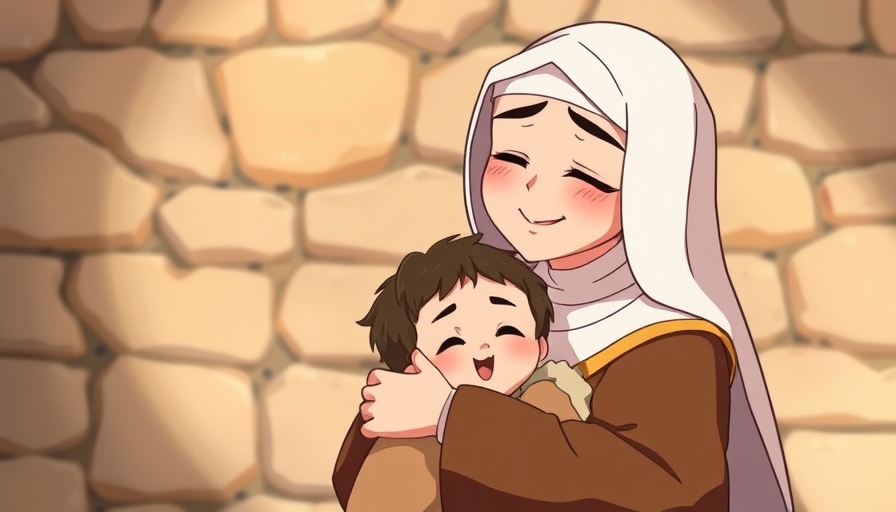 Animated scene of a woman embracing a child showing relief and answered prayers.