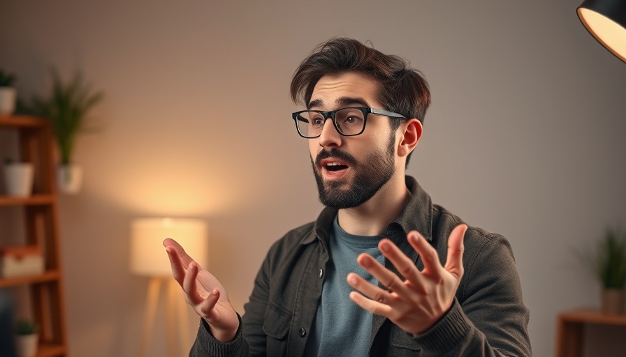 Expressive individual inside the studio, animated gesture.