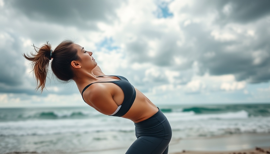 Woman practicing yoga by the ocean, promoting wellness.