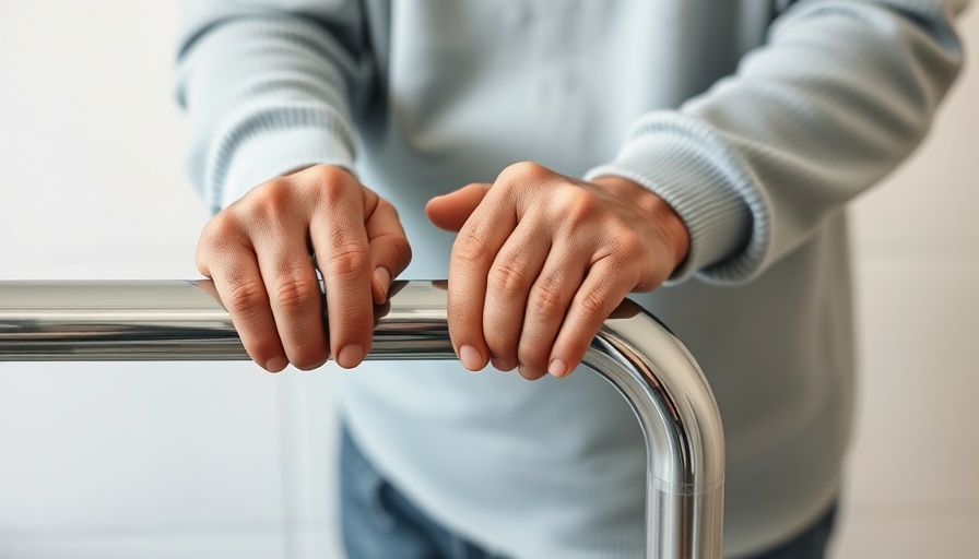 Elderly person's hands gripping a rail illustrating balance issues.
