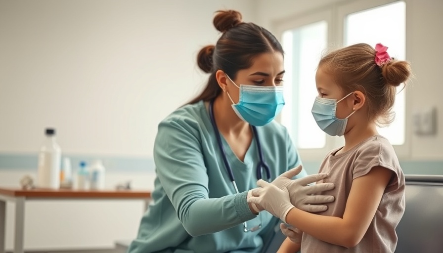 Healthcare worker assisting young girl in clinic with medical supplies.