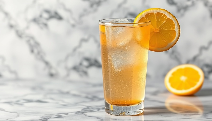 Boozy Blended Arnold Palmer with lemon wedge garnish on marble.
