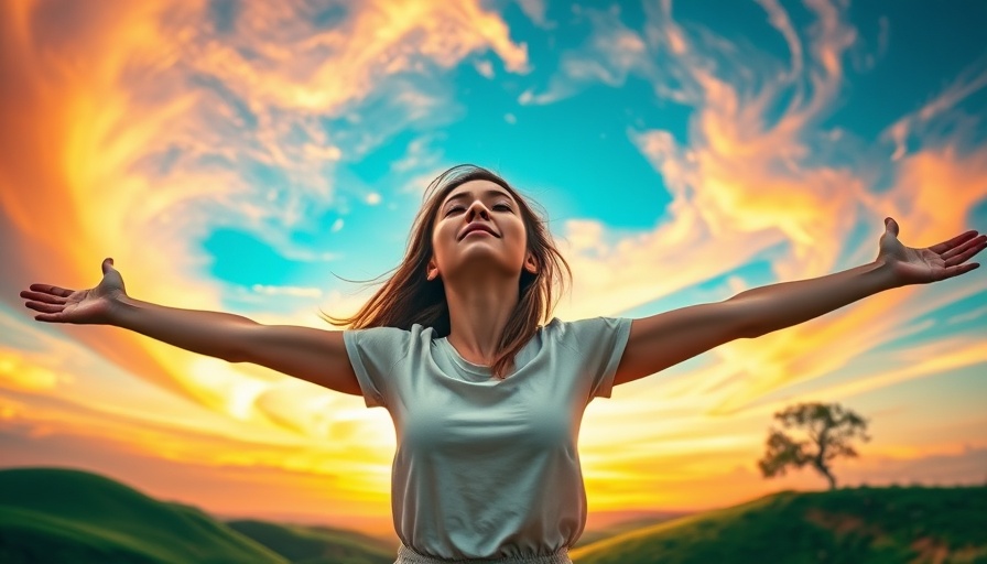 Joyful woman in sunset landscape finding joy after loss, vibrant colors.
