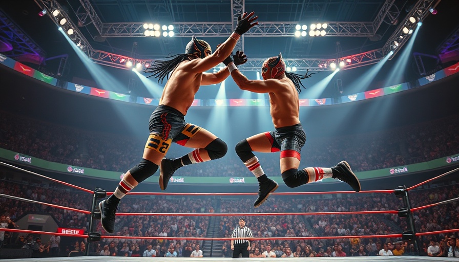 Wrestlers perform dynamic move in a colorful ring, highlighting athleticism.