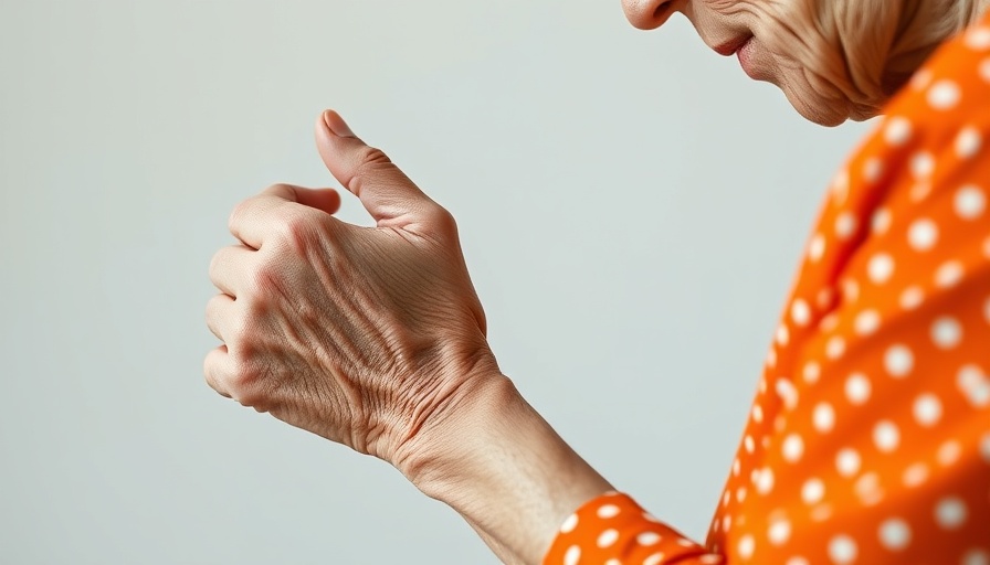 Elderly woman managing arthritis pain in her elbow.