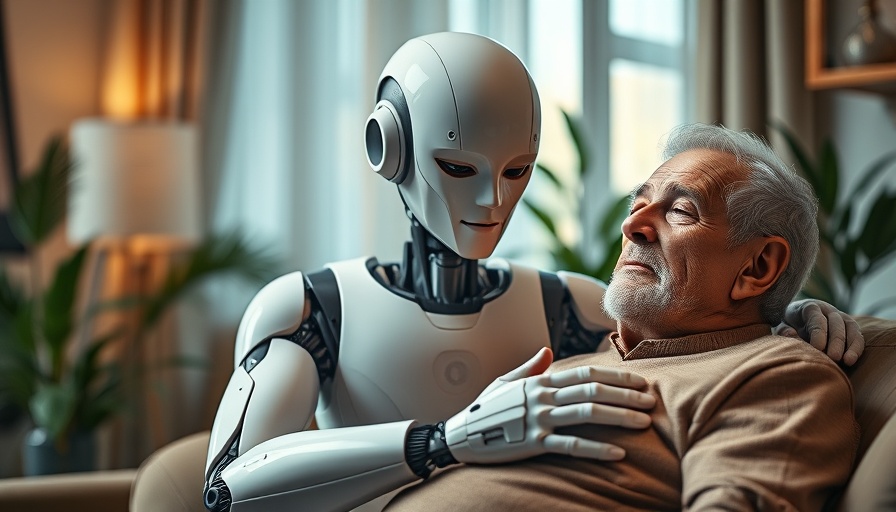 AI Therapy Ban in Illinois: Robot massages older man in cozy room.