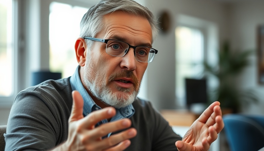 Middle-aged man discussing birth rate indoors.