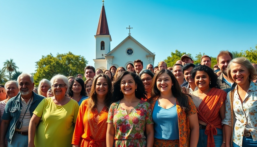 Diverse crowd outside a church celebrating Adventist Church membership growth.