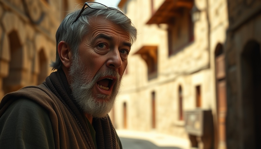 Animated man sharing Good News that Jesus is Alive in biblical setting.