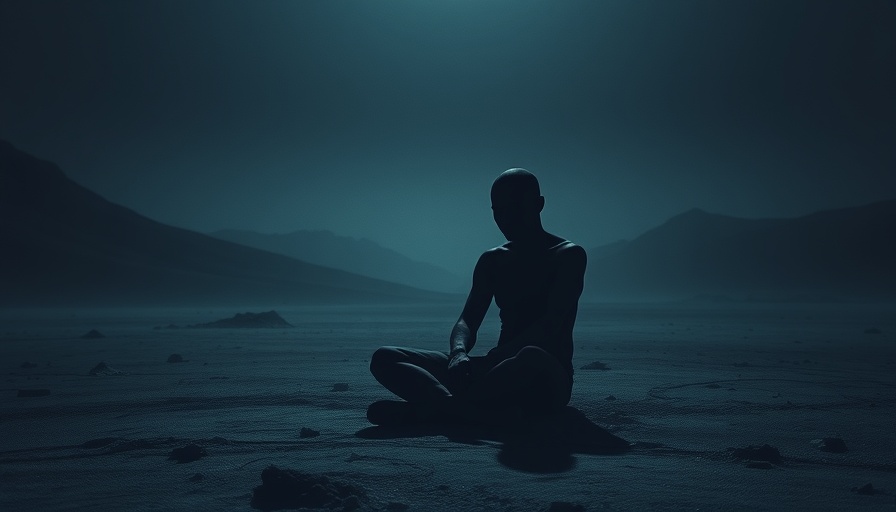 Shadowy figure meditating in a surreal, desolate landscape