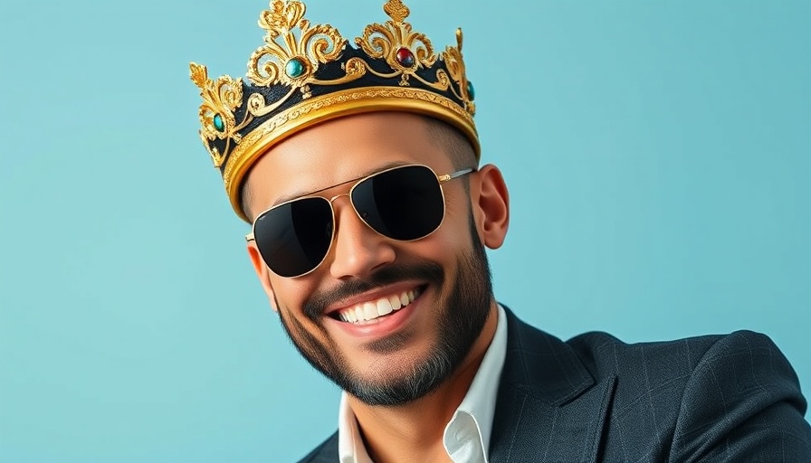 Stylishly regal man in sunglasses with crown, confidence on display.