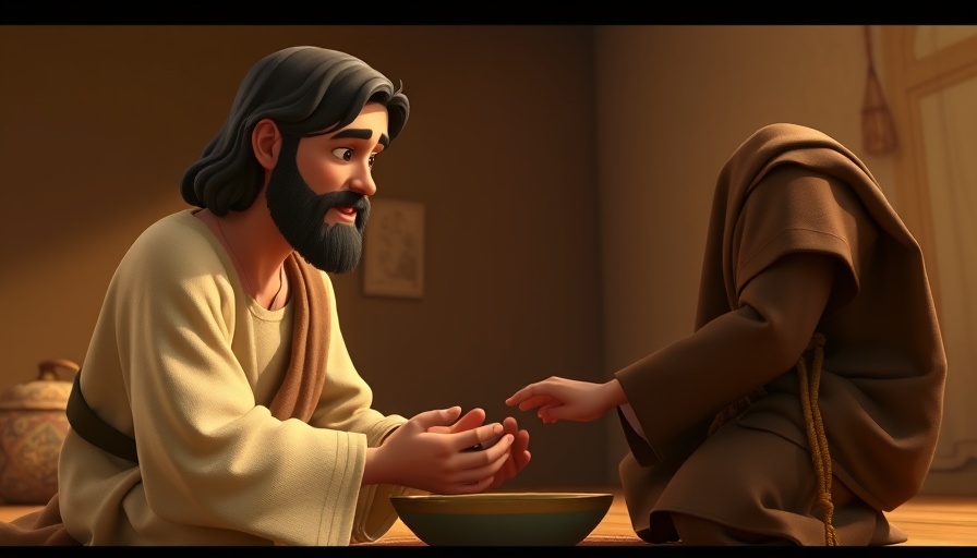 Animated scene of Jesus showing humility by washing feet.