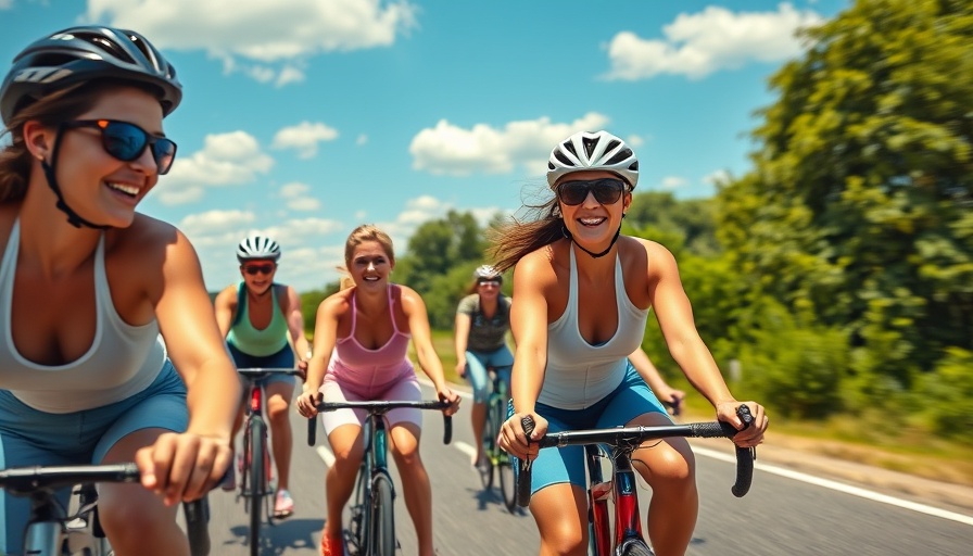 Adventist women bike ride for suicide prevention, cyclists on a scenic road.