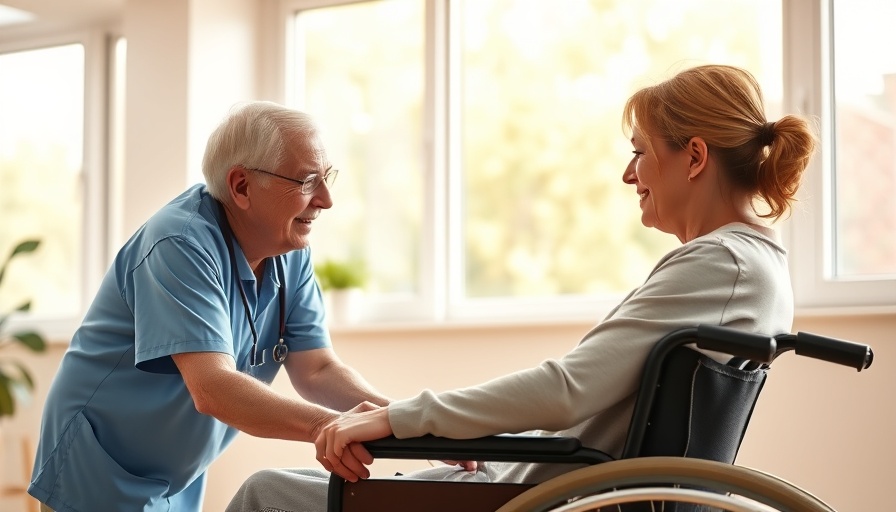 Compassionate nurse assisting elderly man in wheelchair, long-term care quality and quantity.