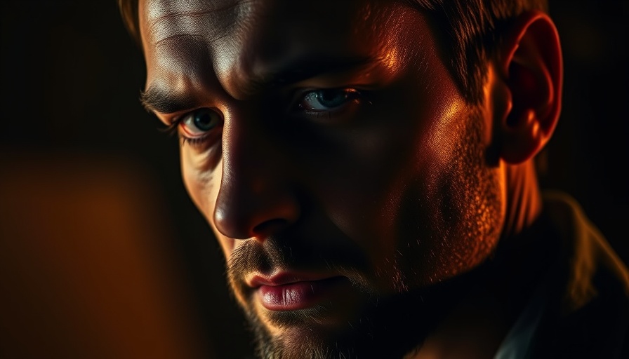 Close-up portrait of a man with dramatic lighting and text overlay.