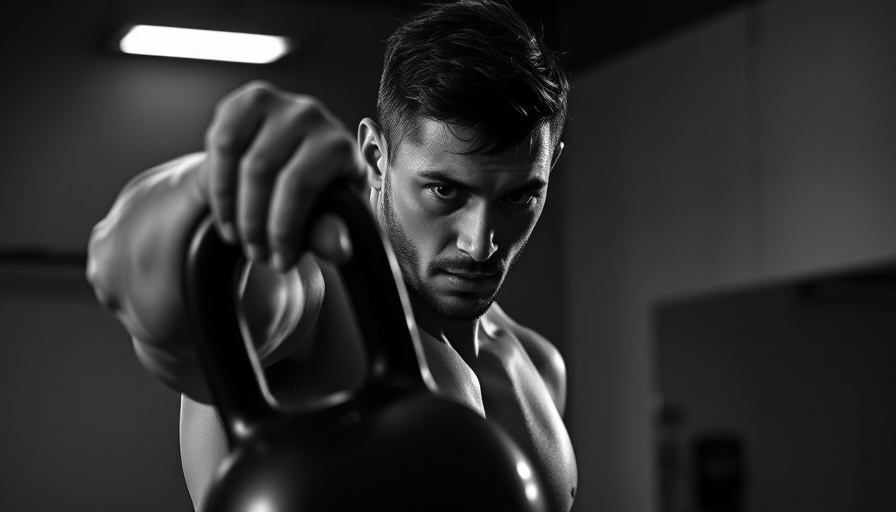 Athletic male performing kettlebell workout in gym environment.