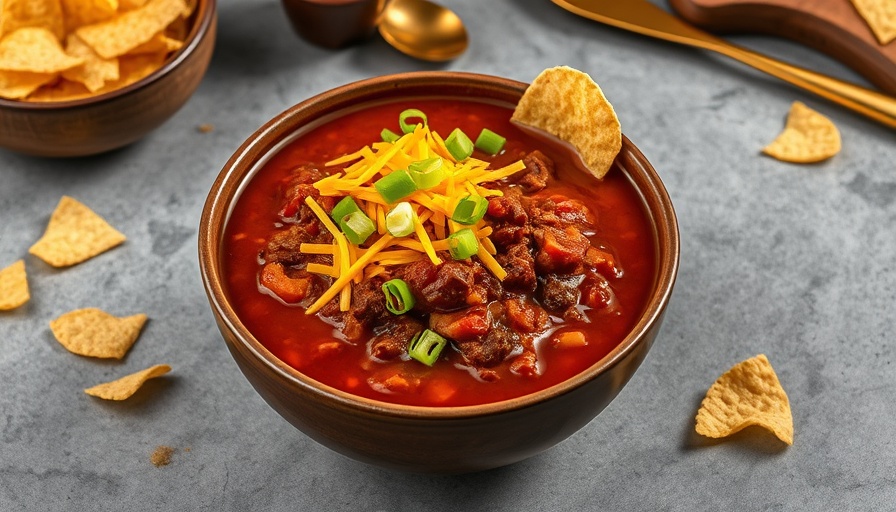 Vibrant beef chili, perfect for mental wellness, garnished with cheese and corn chips.