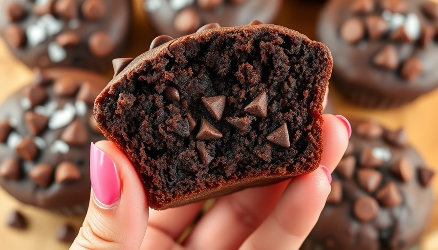 Close-up of a Chocolate Kodiak Protein Muffin held with pink nails.