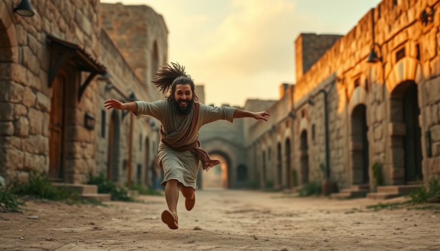 Animated character runs joyfully in a biblical village, portraying the theme of 'Go Back to God'.