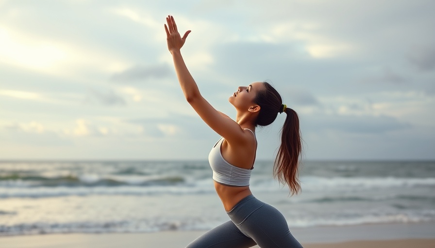 Woman practicing yoga on a beach with an ocean backdrop, serene scene.
