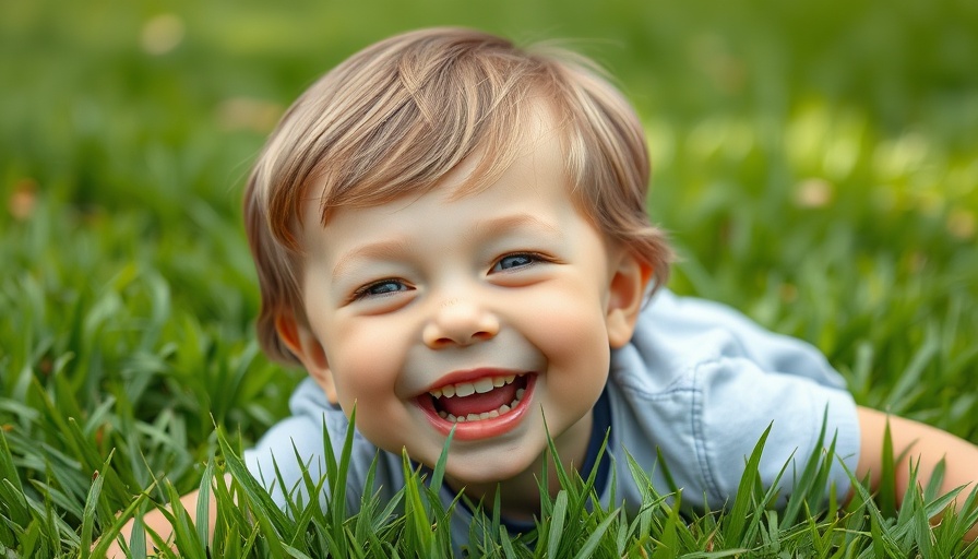 Happy child in sweater smiling on green grass.