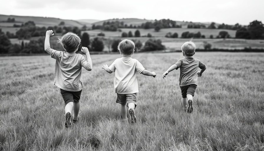 Children running in a grassy field expressing freedom and innocence, pastoral black and white setting.