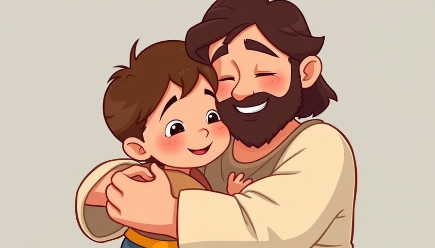 Cartoon illustration of God's unconditional love for children, with biblical figure embracing a child.
