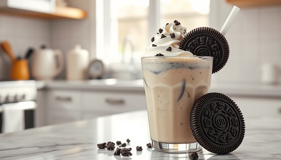 Cookies and Cream Protein Shake on a sunny kitchen counter.