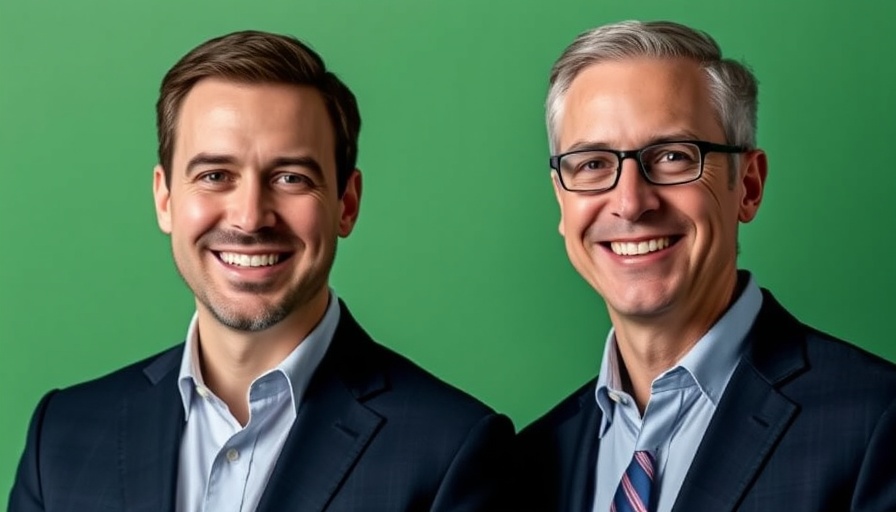 Two men discussing AI framework with overlay, Six Questions for Business Success with AI.