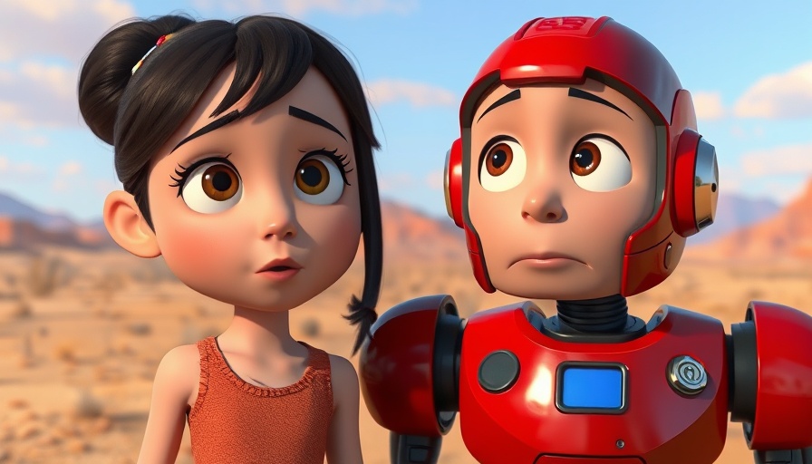 Animated scene with girl and robot observing, conveying concern.