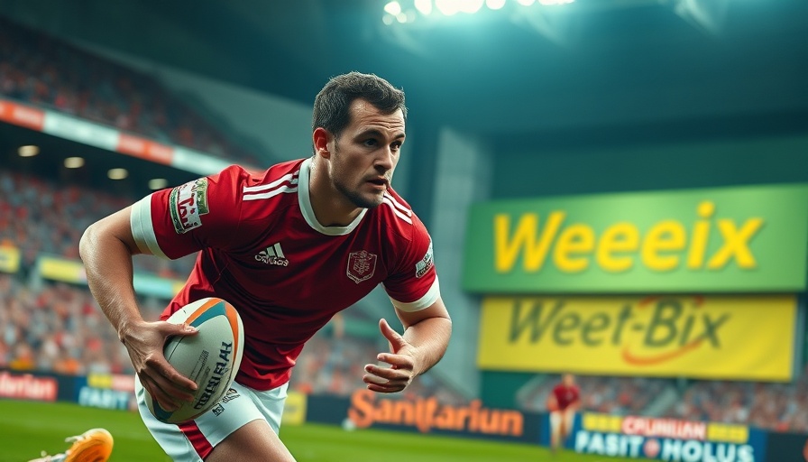 Rugby player in action, Weet-Bix and Tonga Rugby Union sponsorship displayed.