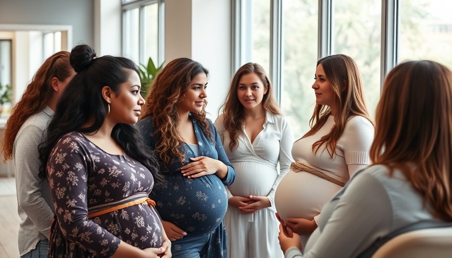 Pregnant women discussing women's mental health research with counselor.